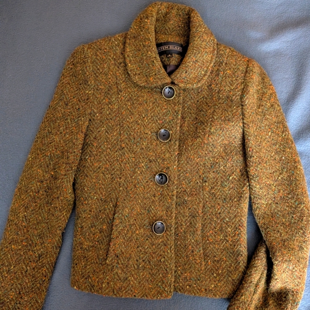Kristen Blake Green Tweed tailored jacket with slash front pockets